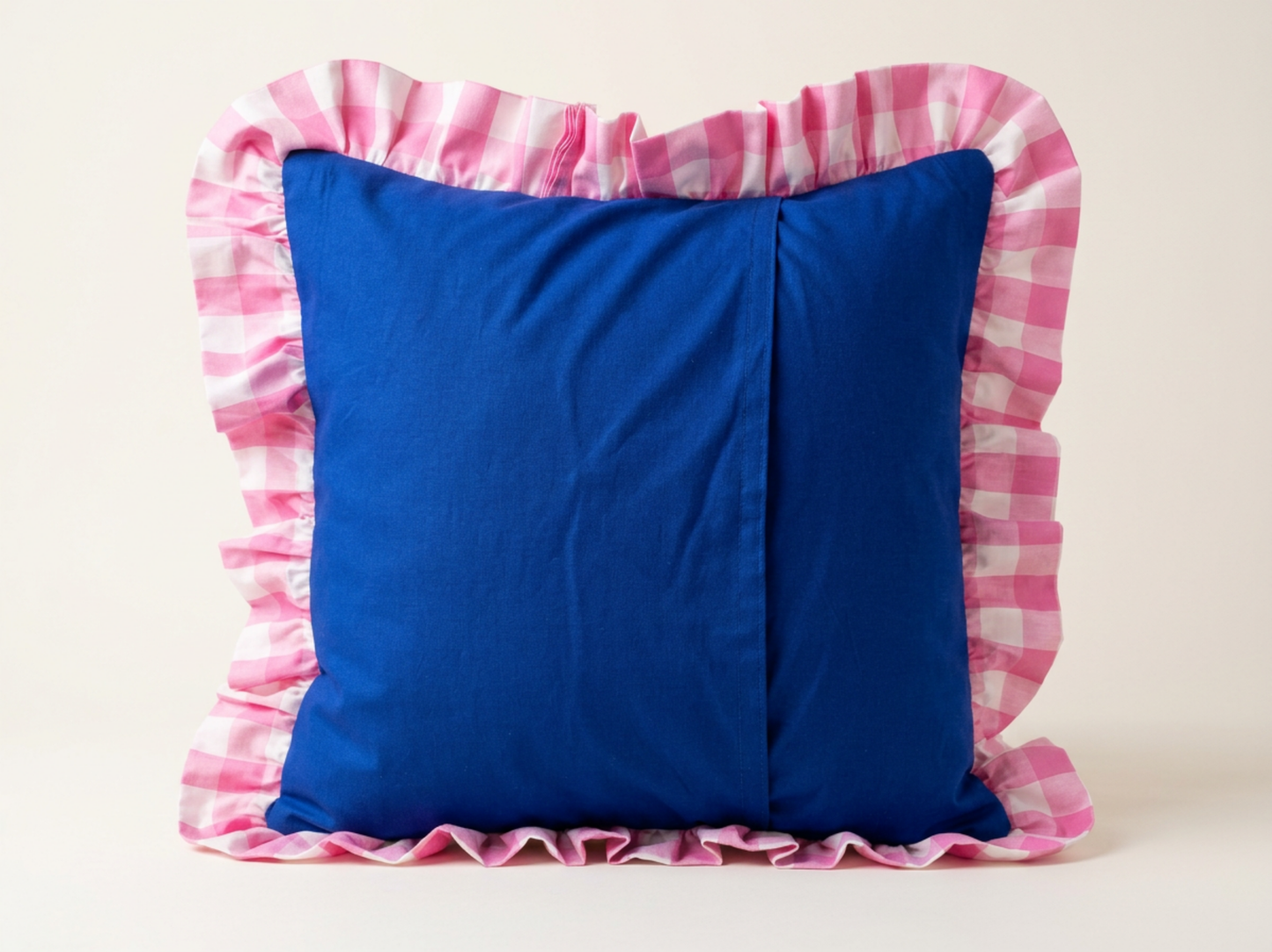Cobalt + Pink Gingham Ruffle Cushion