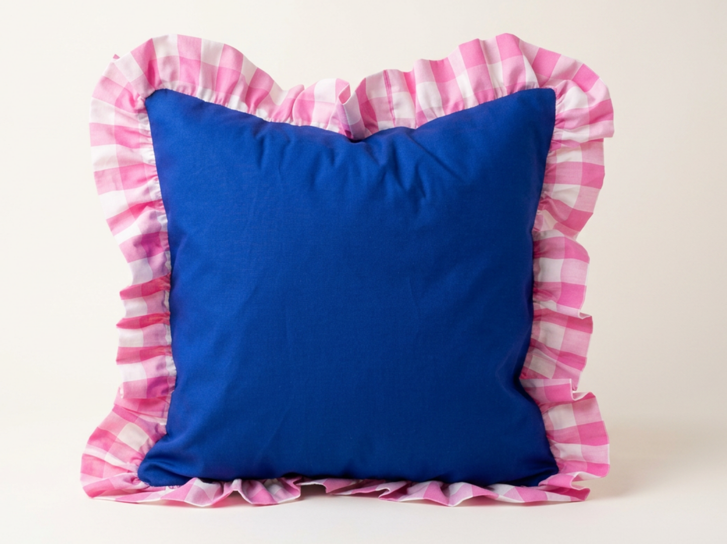 Cobalt + Pink Gingham Ruffle Cushion