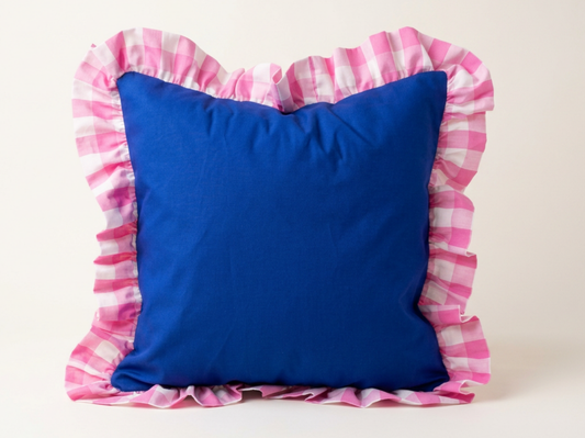 Cobalt + Pink Gingham Ruffle Cushion
