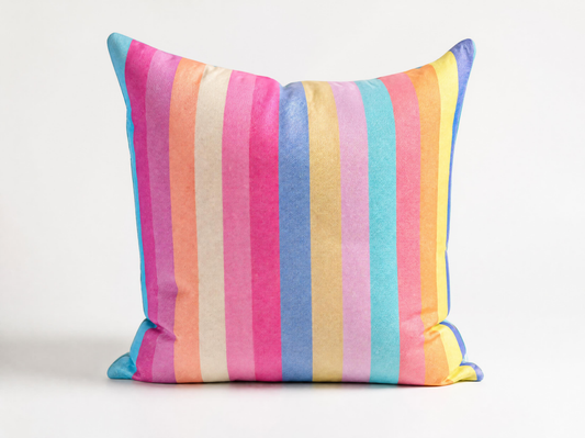 Joy Stripe Cotton Cushion – Pastel Rainbow